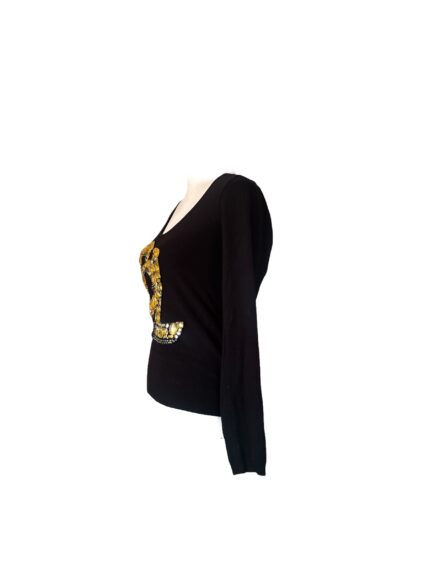 Maglia Blumarine Nera a Maniche Lunghe con Logo "BL" in Cristalli Taglia IT 42