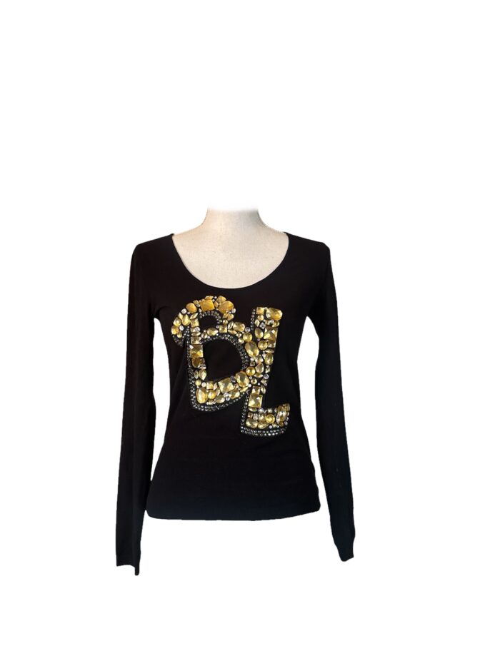 Maglia Blumarine Nera a Maniche Lunghe con Logo "BL" in Cristalli Taglia IT 42