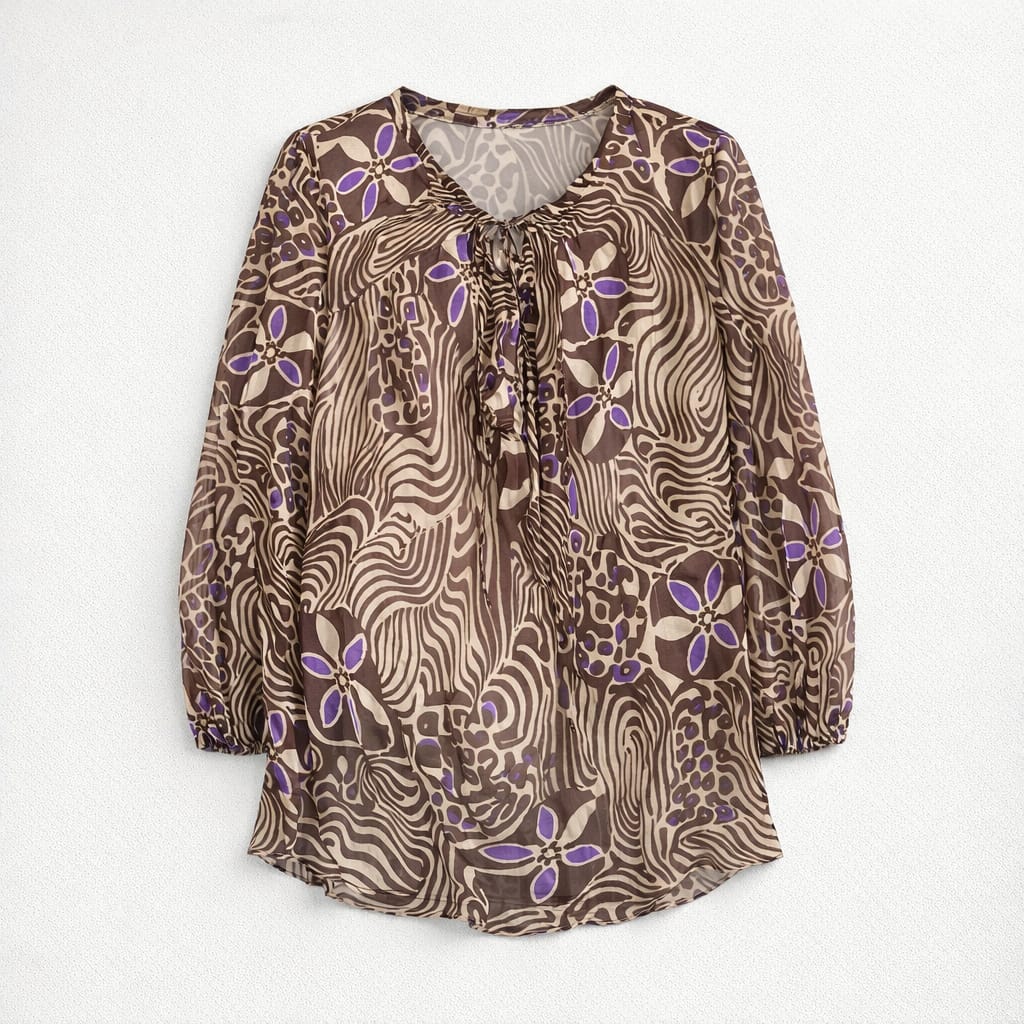 6169 Blusa Tunica Blumarine in 100% Seta Fantasia Astratta & Viola Made in Italy