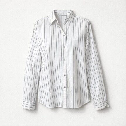 Camicia Pinko Gessata Bianca e Blu in 100% Cotone con Logo e Fiocchi ai Polsini