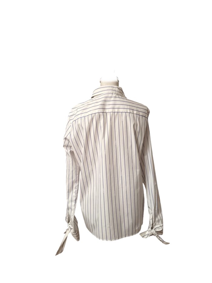 Camicia Pinko Gessata Bianca e Blu in 100% Cotone con Logo e Fiocchi ai Polsini