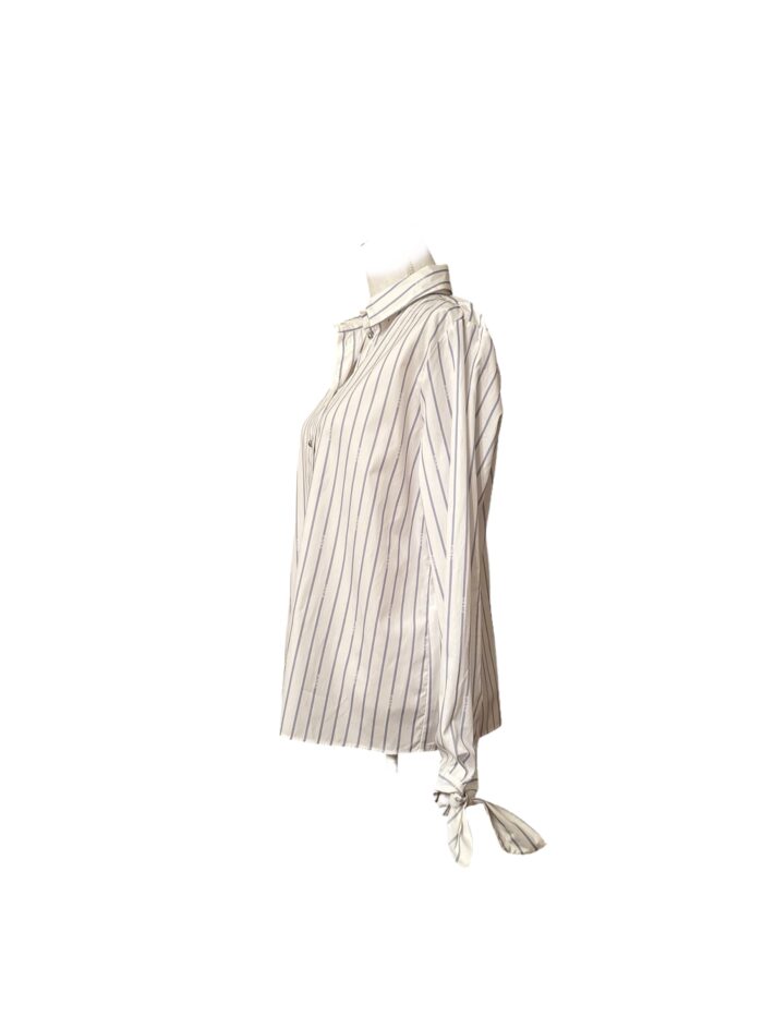Camicia Pinko Gessata Bianca e Blu in 100% Cotone con Logo e Fiocchi ai Polsini