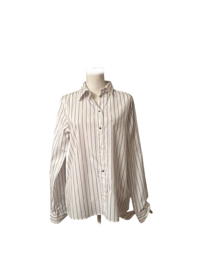 Camicia Pinko Gessata Bianca e Blu in 100% Cotone con Logo e Fiocchi ai Polsini