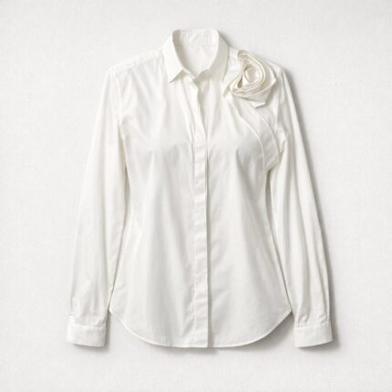 Camicia Valentino Bianca in Cotone Stretch con Maxi Rosa Scultorea in Sbieco T