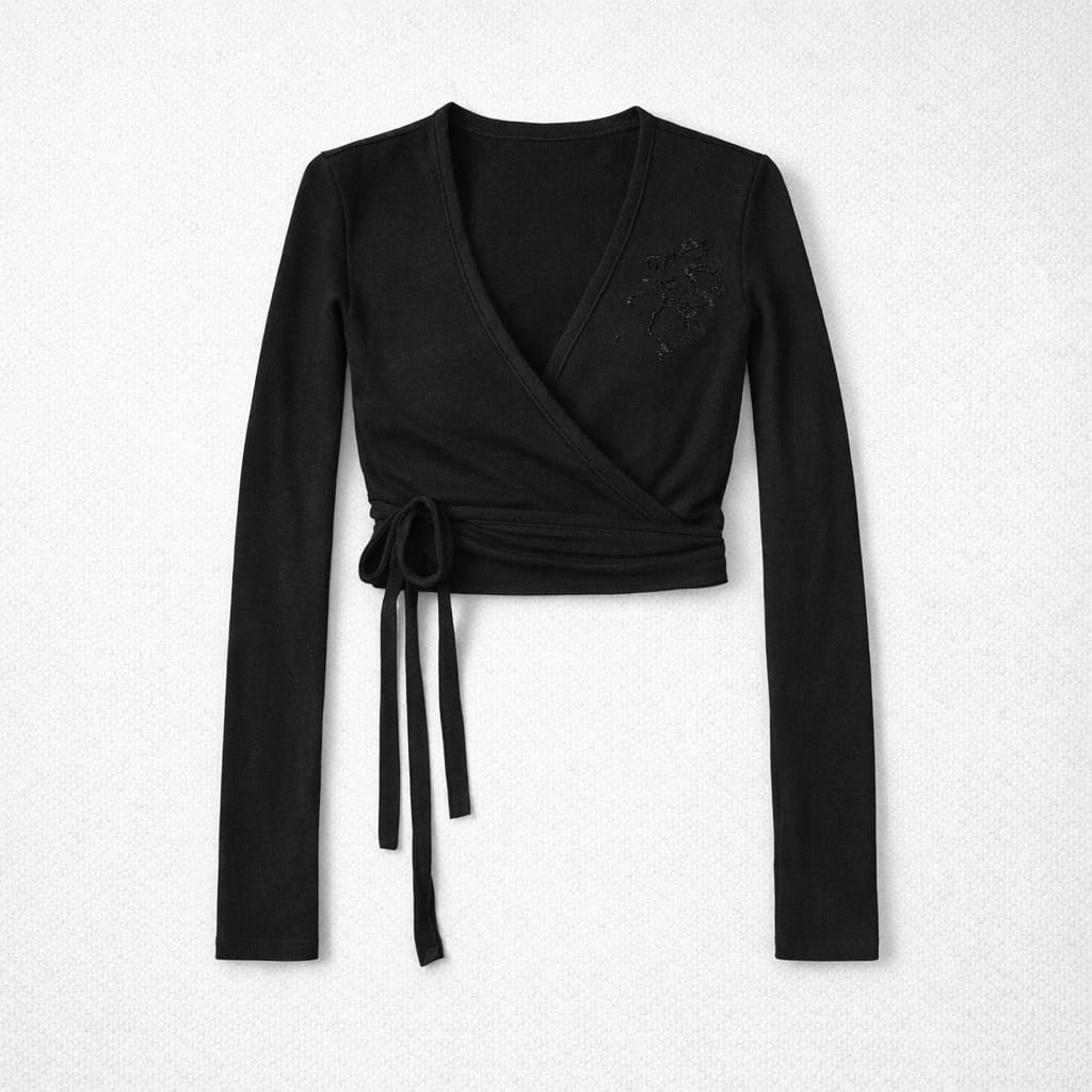 6220 Cardigan Incrociato Blumarine Nero in 100% Lana con Ricamo Floreale e Paillettes