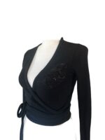 Cardigan Incrociato Blumarine Nero in 100% Lana con Ricamo Floreale e Paillettes