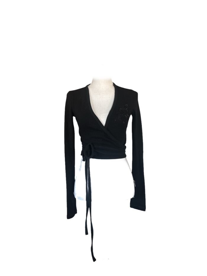 Cardigan Incrociato Blumarine Nero in 100% Lana con Ricamo Floreale e Paillettes